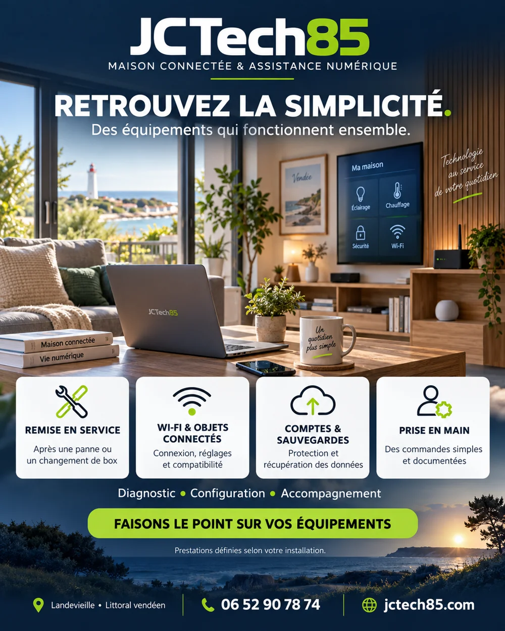 Maison connectée et assistance numérique — visuel marketing JCTech85
